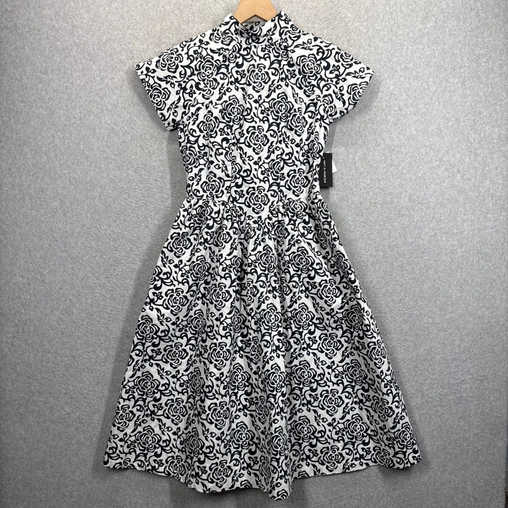 Batsheva Virginia Dress Royal Black White Floral Cotton High Neck Size 0 NWT‎